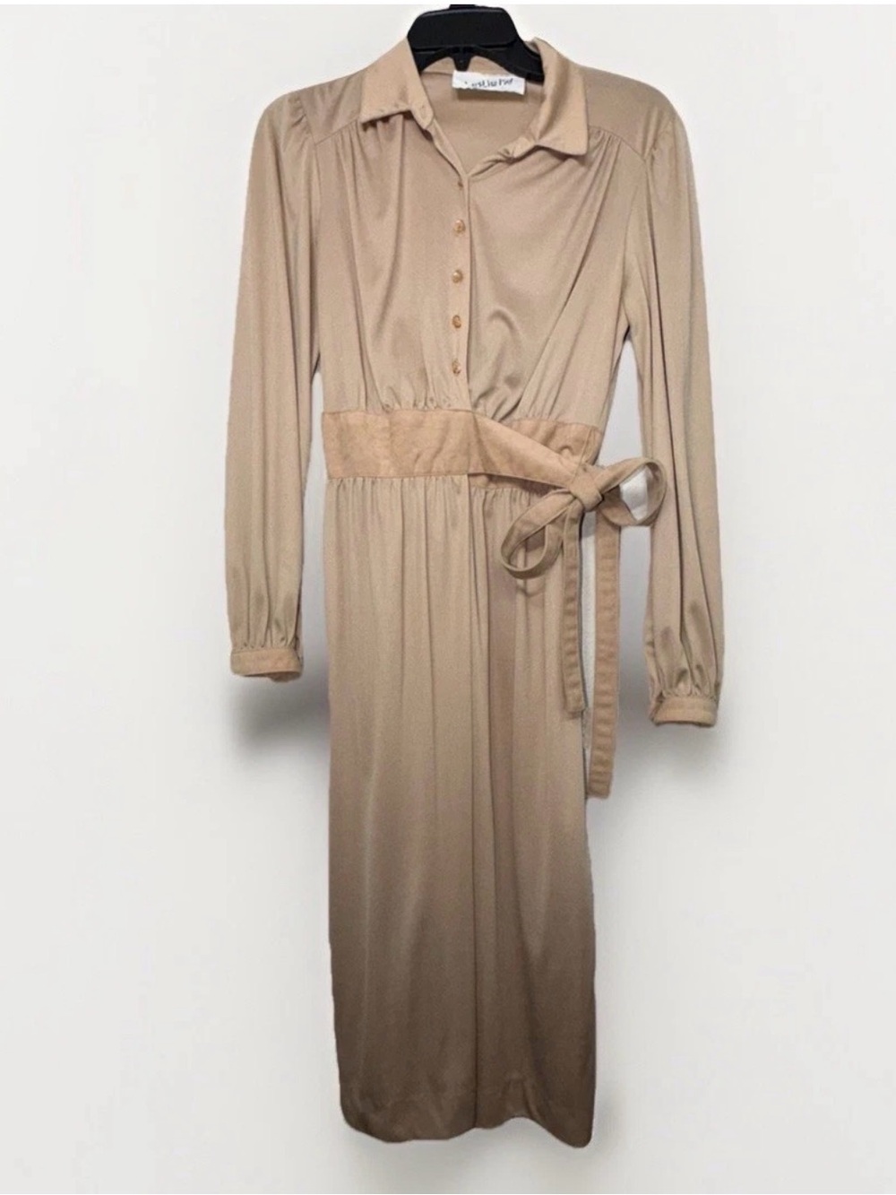 Vintage 60s/70s Mod Secretary Chic Midi Suede Satin Belted Dress Tan Nude Sz S